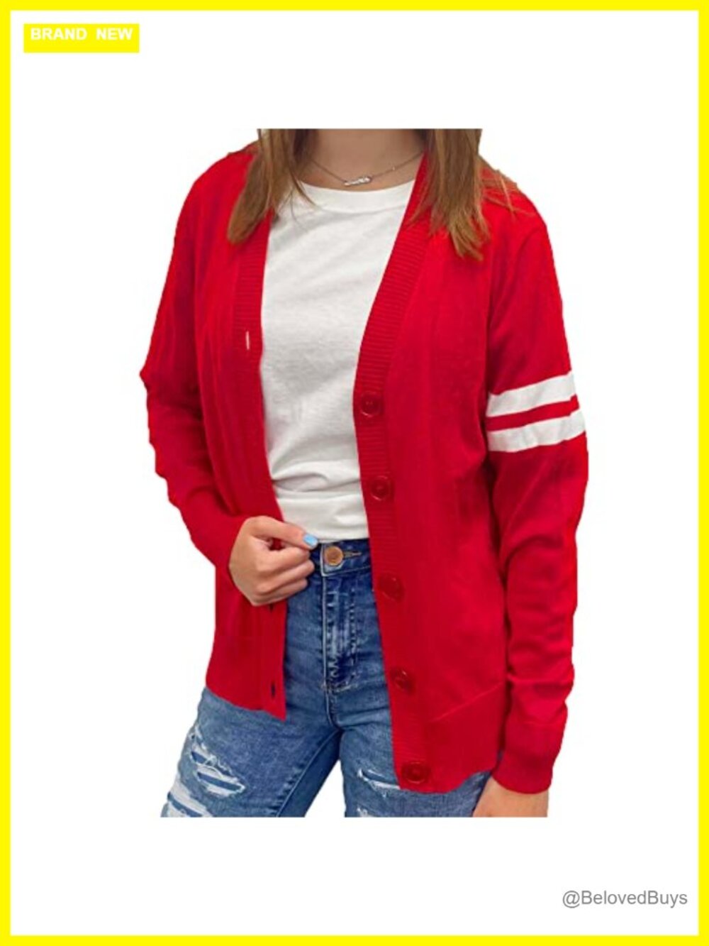 Womens Varsity Letterman Cardigan V Neck Button Down Knit Sweater